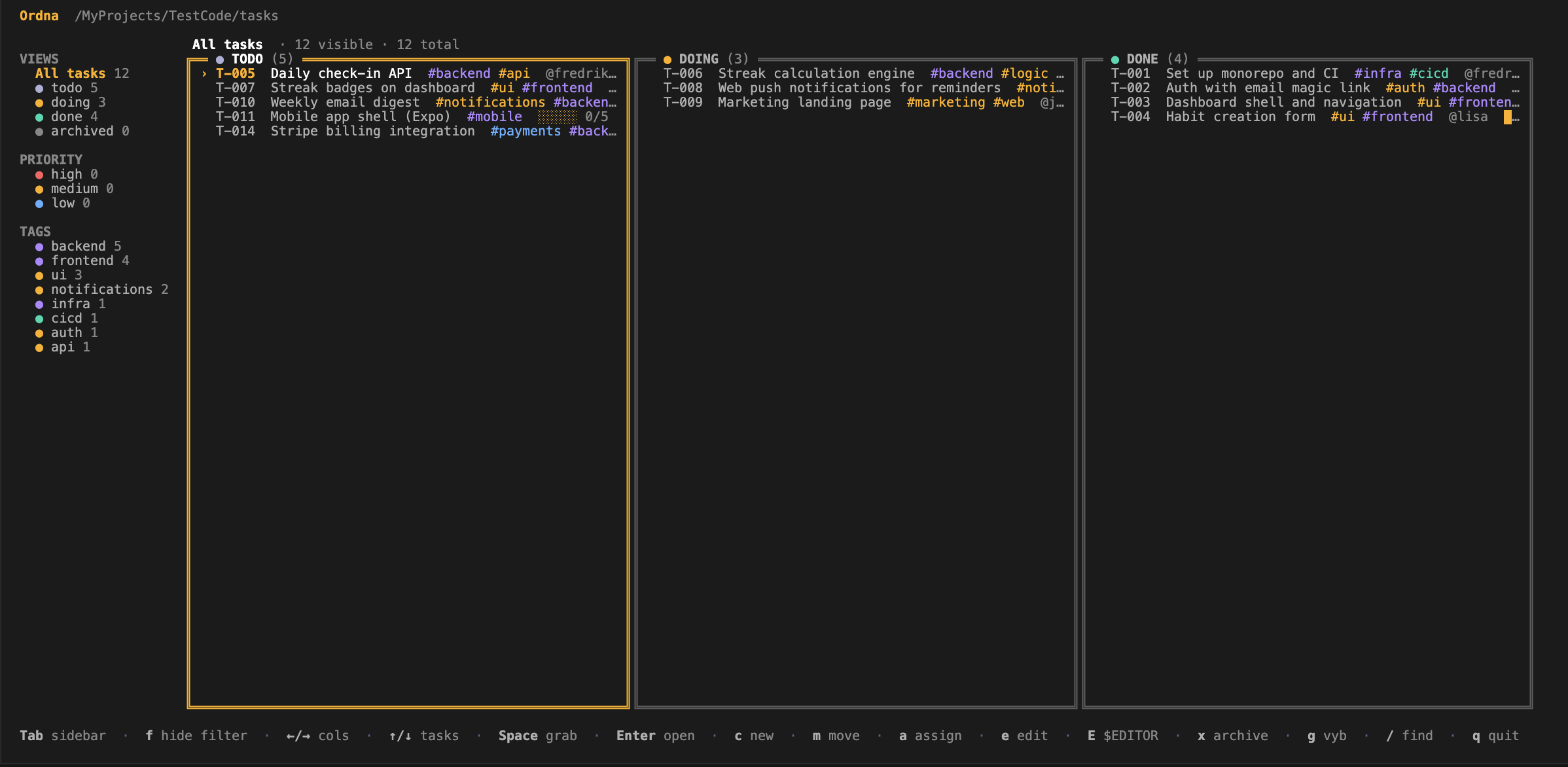 Ordna TUI — keyboard-driven Kanban in the terminal with sidebar of views, priorities and tags, three columns of tasks.