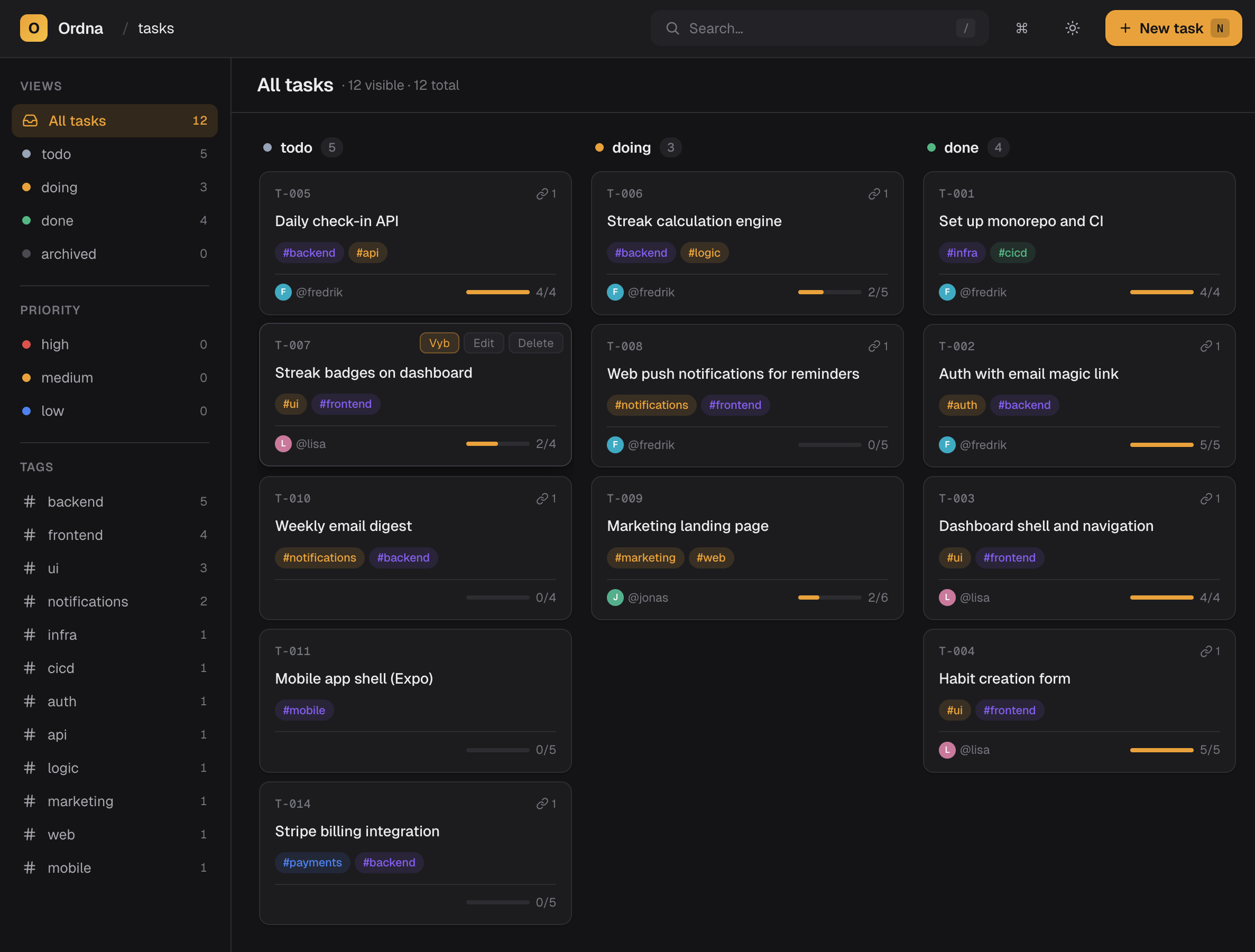 Ordna Web — same board in the browser with cards, tags, assignees, progress and contextual edit actions.